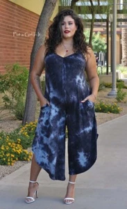 New PLUS SIZE Womens BLACK TIE DYE SLEEVELESS JUMPER JUMPSUIT POCKETS 1X 2X - Picture 1 of 7