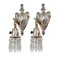 Neoclassical Pair of Antique Silver Plated Sconces w Prisms, Findlays, NSP1633