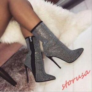 Womens Rhinestone Pointy Toe Stiletto Heels Ankle Boots Party Sexy Club Shoes Sz