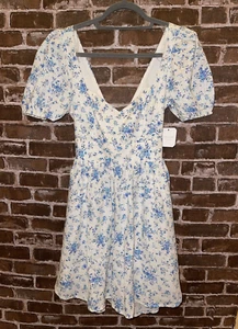 NWT ALTAR'D STATE WHITE BLUE GAIL FLORAL MINI DRESS SMALL PUFF SLEEVES TIE BACK - Picture 1 of 8