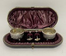 Pair Antique Victorian Solid Sterling Silver Salts and Spoons Original Box 1891