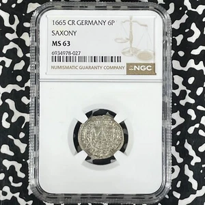 1665-CR Germany Saxony 6 Pfennig NGC MS63 Lot#G9931 Silver! Choice UNC! - Picture 1 of 3