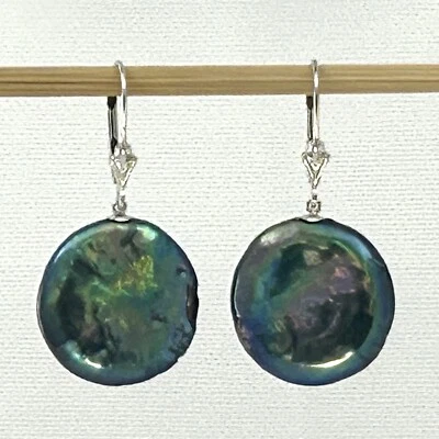 14K White Gold Black Coin Pearl Leverback Earrings - Image 1 of 4