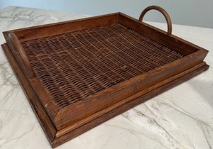 Vintage Wood & wicker Tray Serving tray with handles 14.5" by 16.5" - Picture 1 of 7