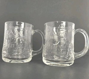 Vintage Luminarc USA Clear Glass Mugs House & Christmas Trees Set Of 2. - Picture 1 of 6