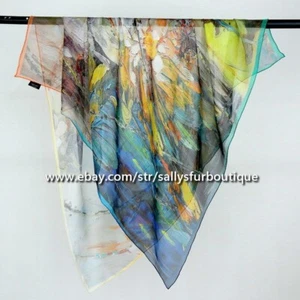 Sallys Mulberry Silk Chiffon Wrap Square Scarf Shawl Painting Hand Rolled 41" - Picture 1 of 12