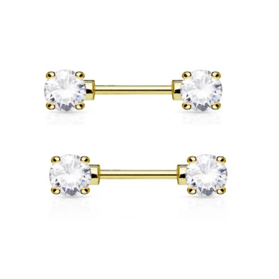 一对 14 克 9/16 英寸镀金 7 毫米圆形 C.Z. 乳头环杠铃  — 第 1/2 张图片