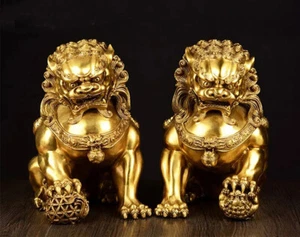 Large Pair Bronze Chinese Lion Foo Dog Statue Figure Sculpture Gold-Color H:20CM - Picture 1 of 6