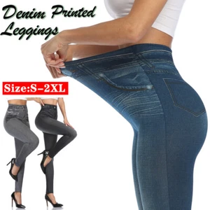 Women Faux Denim Jeans High Waist Skinny Jeggings Leggings Slim Fit Pencil Pants - Picture 1 of 18