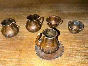 Antique Copper Miniature 6 Pc Set Pitcher Plate 2 Cups 2 Urns, 5 Handles Missing - Picture 1 of 12