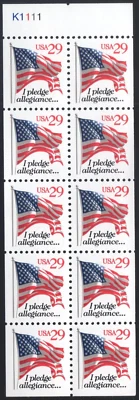 Scott #2594a Pledge Allegiance Stamp Booklet Pane of 10 Stamps - MNH LGG - Image 1 of 2