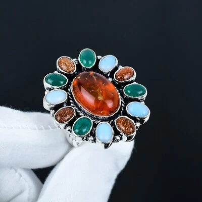Ambra,Verde Onice & Sunstone Anello,a Mano Fiore 925 Anello Argento Sterling - Immagine 1 di 4