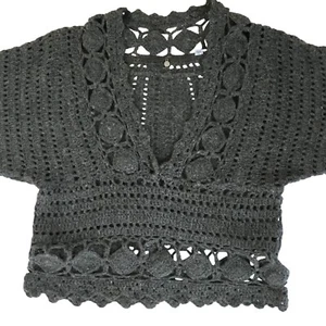 ANTHROPOLOGIE Women Gray Crochet Angora Sweater V-Neck Orenburg Knit Boho XS - Picture 1 of 10