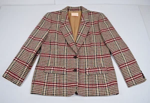 Vintage Pendleton Wool Blazer Size L 70s 80s Cranberry Red Beige Plaid Made USA - Picture 1 of 8