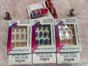 Lot of 4 Fashion Artificial Nail SEVENAIL & SASSY+CHIC Fake Nails +NAIL GLUE - Picture 1 of 6