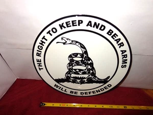 11 7/8 in RIGHT TO KEEP & BEAR ARMS SIGN HEAVY DIE CUT METAL PORCELAIN -S 347 C - Picture 1 of 5