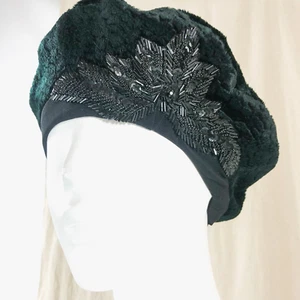 Handmade Beret Black Velvet Jet Beading Winter Hat One Of A Kind New Lined - Picture 1 of 7