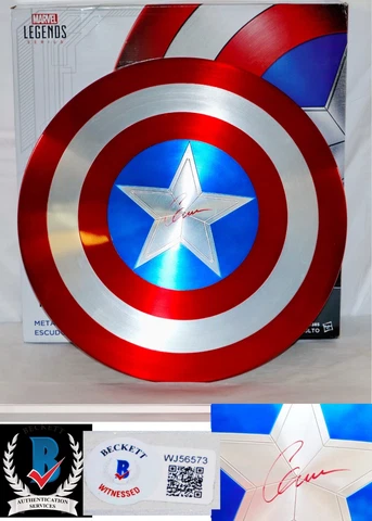⭐ Chris Evans Signed METAL 75th Marvel Legends CAPTAIN AMERICA SHIELD Beckett Cover