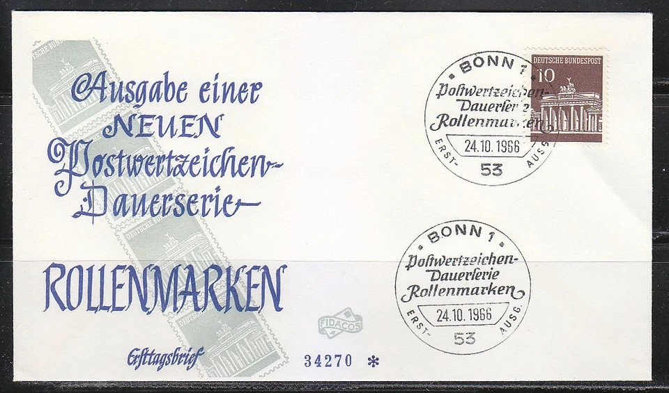 Germany 1966 FDC cover Mi 506 Rollenmarken Brandenburg Gate - Image 1 of 1