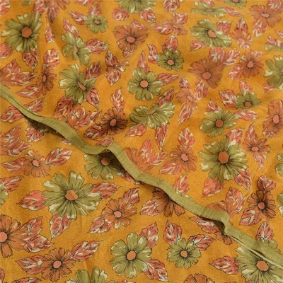 Sanskriti Vintage Sarees Mustard Pure Crepe Silk Printed Sari 5Yd Craft Fabric - Image 1 of 4