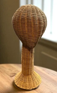 Rattan Wicker Woven Long Neck Head Hat Wig Stand Mannequin Vintage 18" Display - Picture 1 of 19