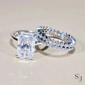 2.60 CT Radiant Cut Moissanite Bridal Set Engagement Ring Solid 14K White Gold - Picture 1 of 12