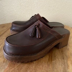 Vintage J. Crew Women's Size 7 Platform Leather Tassel Clogs Brown - Picture 1 of 7