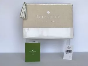 Kate Spade Ash Street Logo Large Tassel Pouch Cow Leather Trim Beige White Bag - Picture 1 of 22