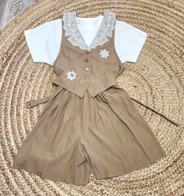 Винтажный Scarlett жилет Детский комбинезон 5 желтовато-коричневый слоновой кости кружевной воротник широкие ноги 80-х - Изображение 1 из 4