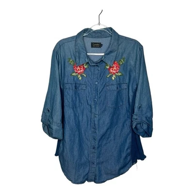 Camisa de mezclilla bordada Cavalini para mujer talla 3XP mangas con lengüeta enrollable con botones Foto 1 de 4