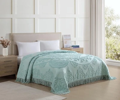 Colcha completa, azul, medallón de loto 100 % algodón chenilla, suave, acogedora, ligera... Foto 1 de 4