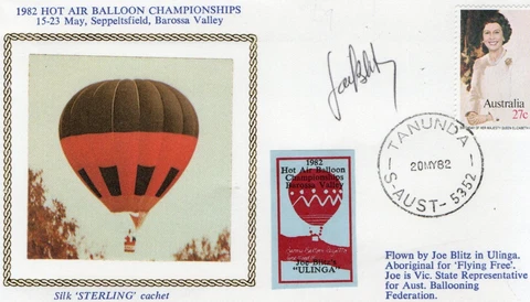 Australian Balloon Mail - cvr with silk cachet and vignette flown 20.5.82 signed Cover