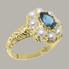 Solid 9ct Yellow Gold Natural London Blue Topaz & Pearl Womens Cluster Ring