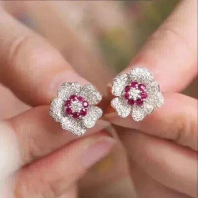 Floral Stud 1.90Ct Created Red Ruby Diamond Women Earrings 14K White Gold Finish - Image 1 of 3