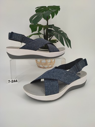 CLARKS Clark's sandalo donna Cloudsteppers morbido imbottito denim blu slip on taglia 7M US