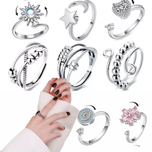 925 Sterling Silver Zircon Fidget Spinner Ring Adjustable Unisex Anxiety Relief - Picture 1 of 40