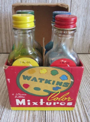 Vtg Watkins Food Coloring Dye Mixtures Glass Bottles A Rainbow of Colors w/box - Image 1 of 4