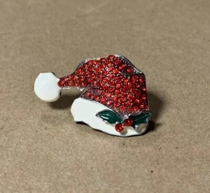 Santa Hat Christmas Brooch/Pin Silver Tone Red Crystals White Enamel 1.75" x 1" - Picture 1 of 7