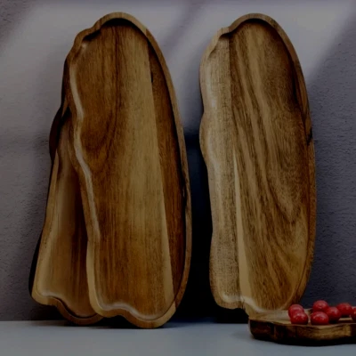 Set of 2 Premium Acacia Dark Wood Trays Natural Wooden Polished Serving Platters