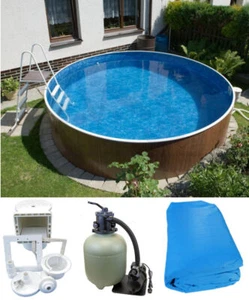 Stahlwandpool Schwimmbecken Pool 4,60 x 1,20 m Skimmer Holzoptik Sandfilter - Bild 1 von 7