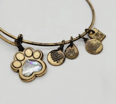 Alex & Ani Crystal Heart Paw Prints Of Love Gold tone Charm Bangle Bracelet OSFM - Image 1 of 4