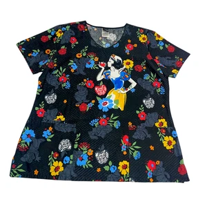 Snow White 7 Dwarfs Scrub Top Shirt Disney Black Floral Apple Size Large - Picture 1 of 11