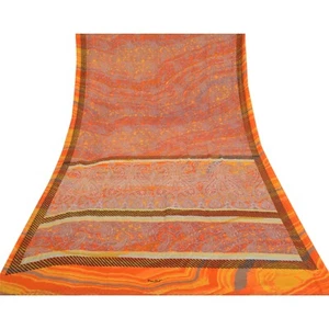 Tela artesanal suave sánscrita de colección sánscrita naranja musgo crepe sari estampada floral - Imagen 1 de 8