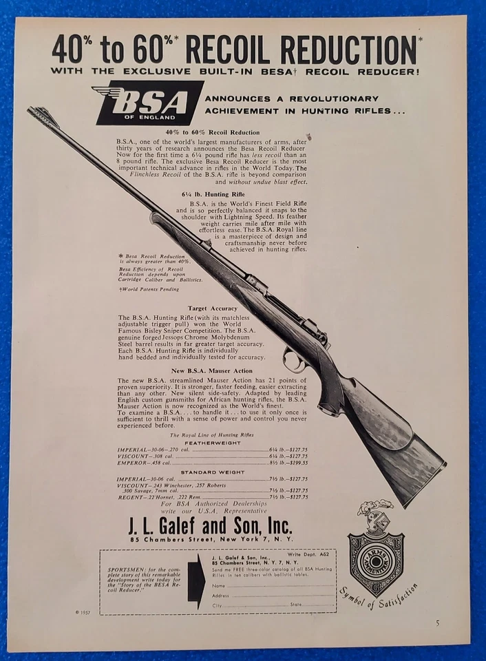 Rifle de acción Mauser 1957 vintage marca BSA reductor de retroceso con anuncio impreso Foto 1 de 1