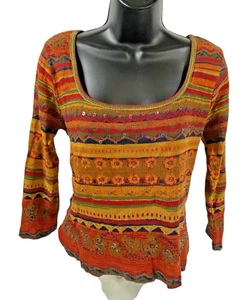 Ribbed Crop Top Vintage 90s Y2K Boho Ethnic Stripe Grunge Peasant Festival M - Picture 1 of 10