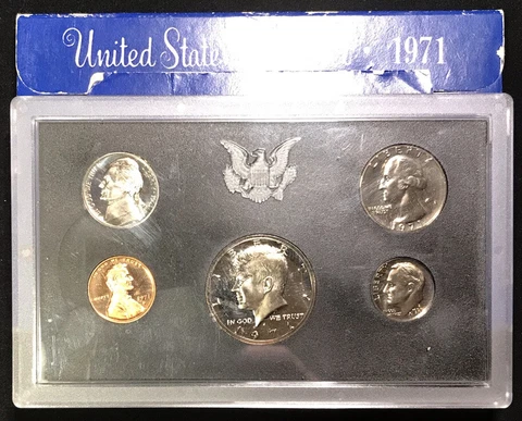 1971 s Proof set 5 United States Proof coins w/Mint box Cover