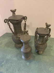 Vintage Konvolut 3 Zinnkrüge Doppel Eichel mit Klappdeckel *2 mit Ketten - Bild 1 von 21