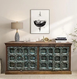 Antique Sideboard Carved Teak Buffet Credenza Blue Farmhouse Tv Stand Chest 82 - Picture 1 of 8