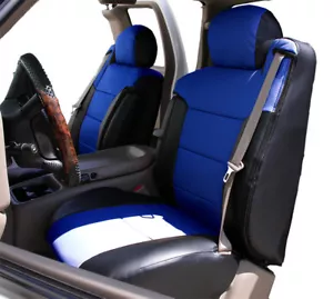 CHEVY SILVERADO 03-06 BLACK/BLUE LEATHER-LIKE CUSTOM FRONT SEAT & 2ARM COVERS - Picture 1 of 5