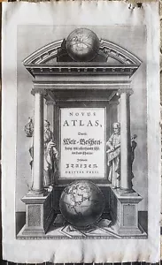 stampa antica Janssonius 1644 frontespizio atlante novus atlas globo mappamondo - Picture 1 of 9
